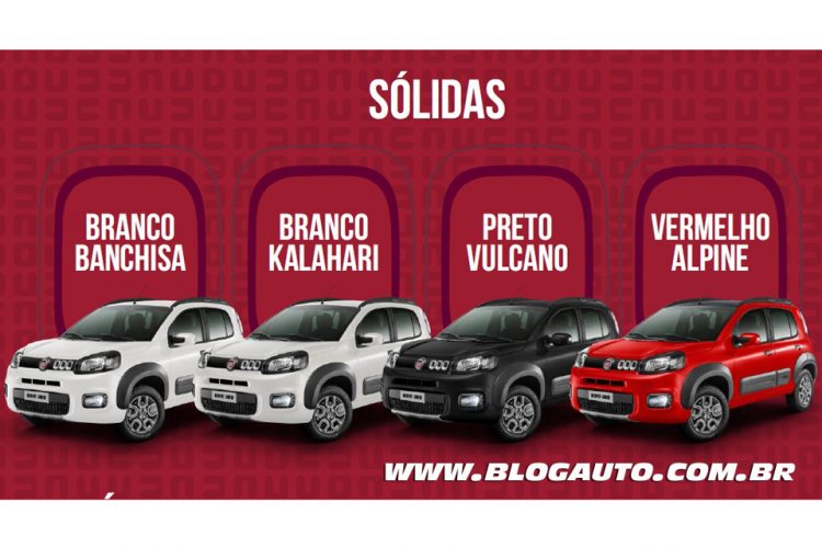 Fiat Uno 2015 Way Branco Banchisa,  Branco Kalahari, Preto Vulcano e Vermelho Alpine Sólidas
